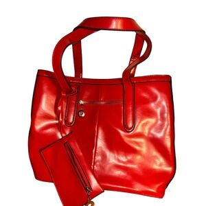 J Francis Red Faux Leather Tote Bag Purse with Matching Wallet
